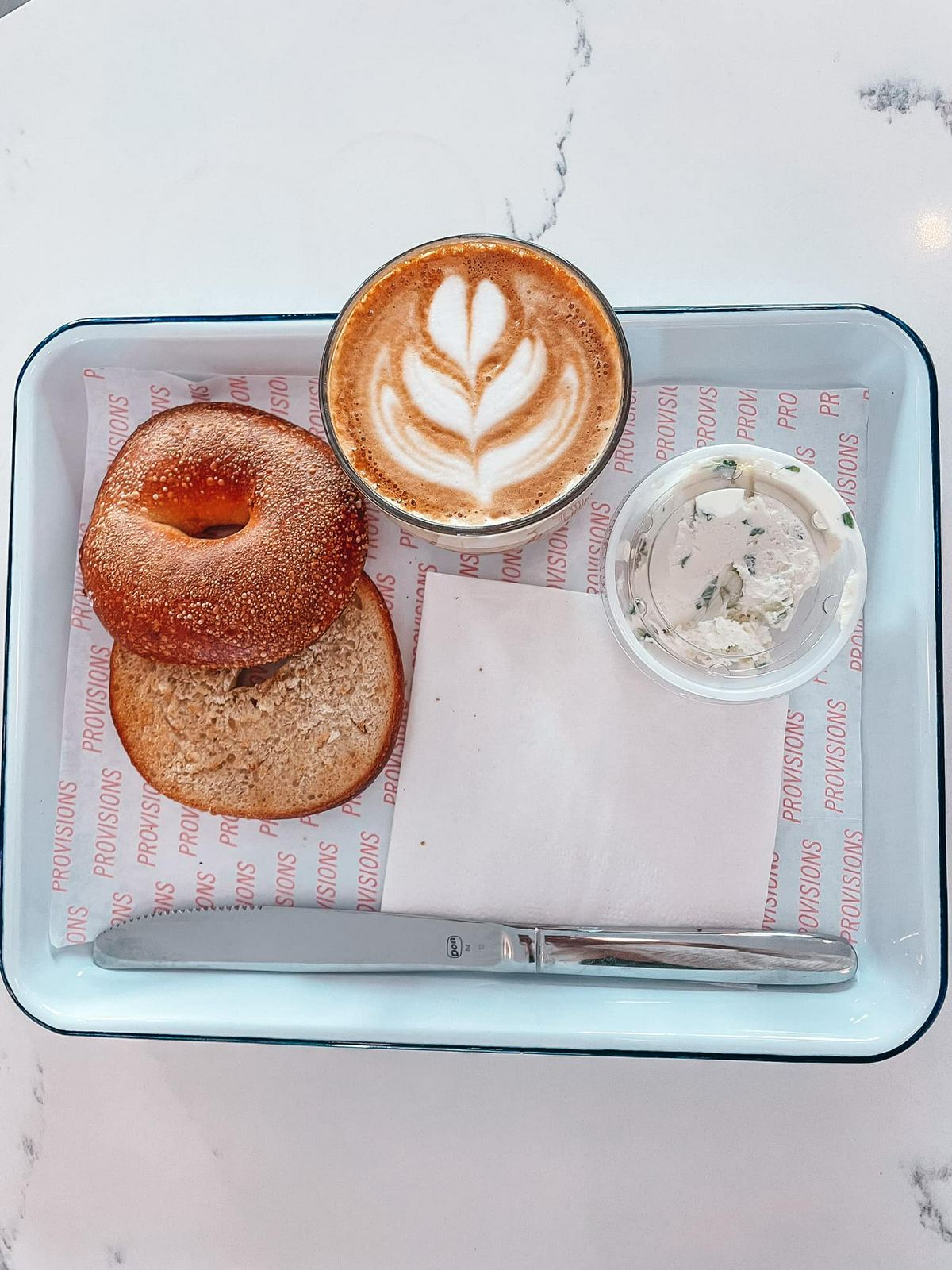 Willas Tampa bagel, cream cheese, and cappuccino