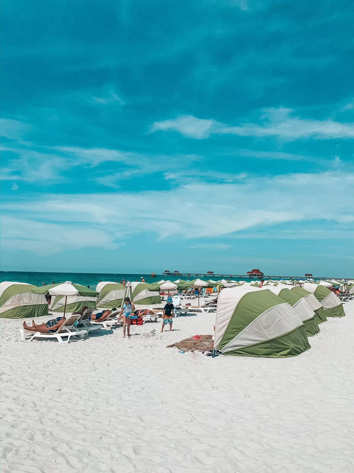 beach lounge chairs with shade on Clearwater Beach, Florida