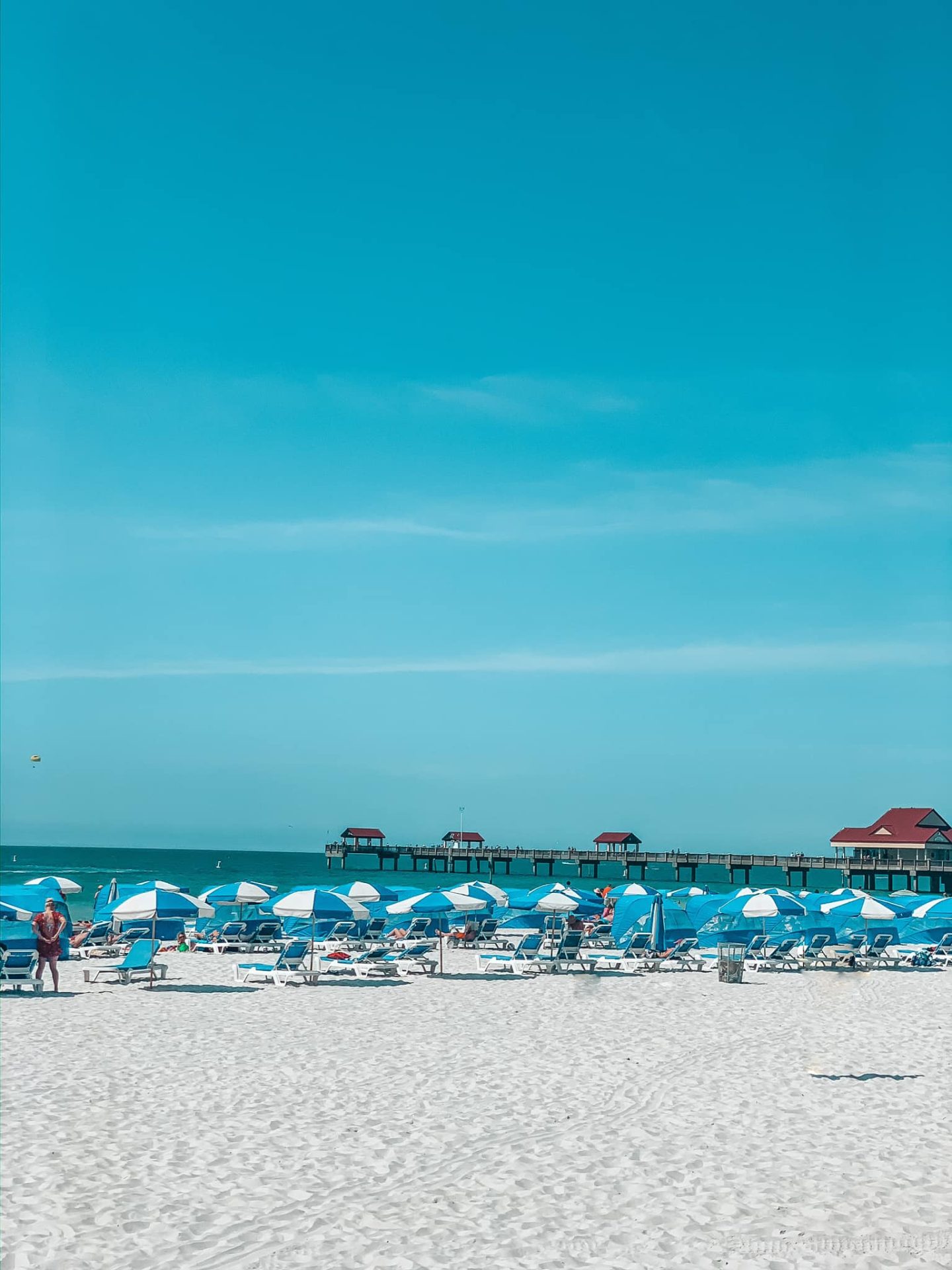 beach lounge chairs with shade on Clearwater Beach, Florida