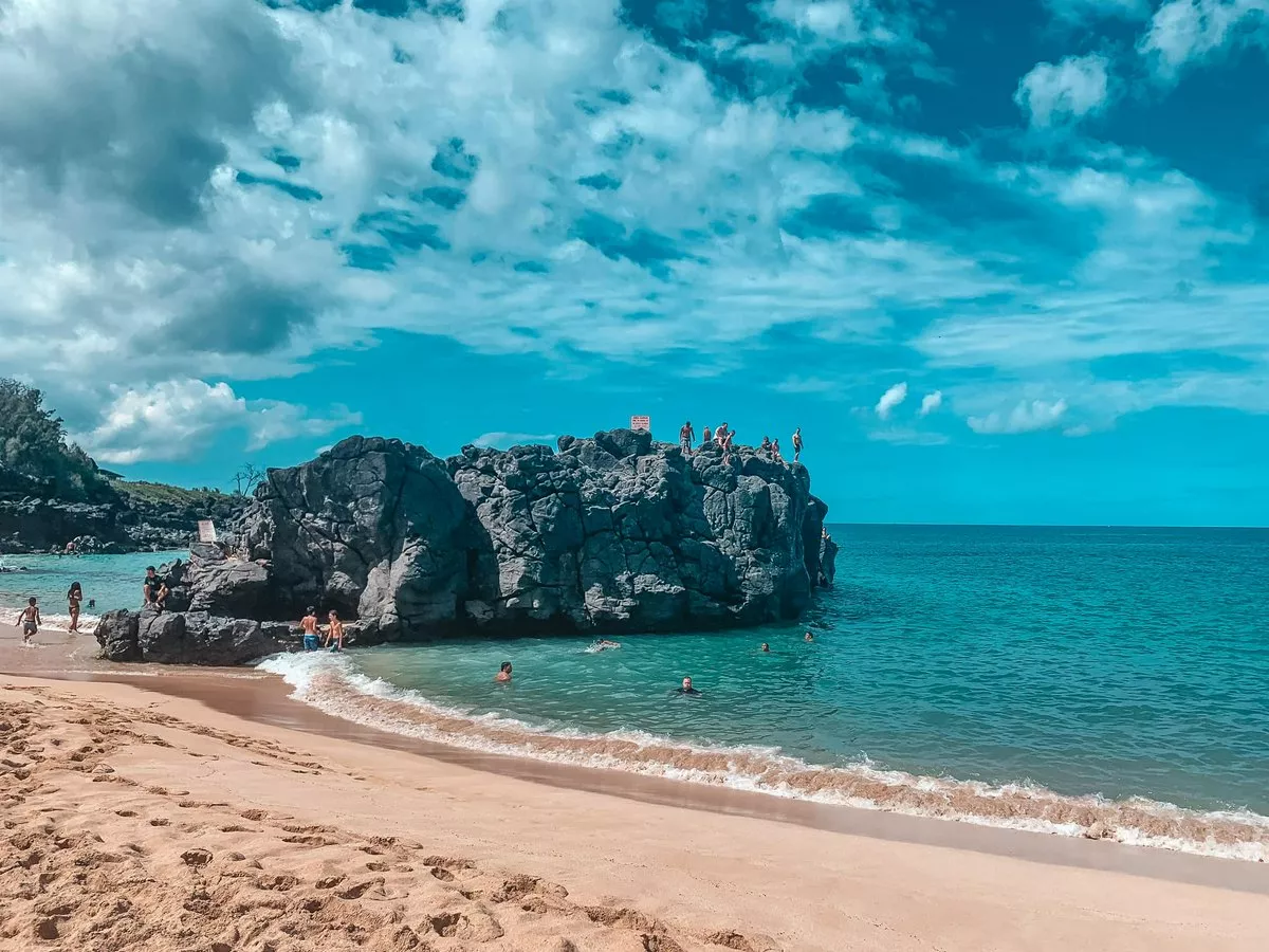 Giant rock and cliff at Waimea Bay on the North Shore of Oahu