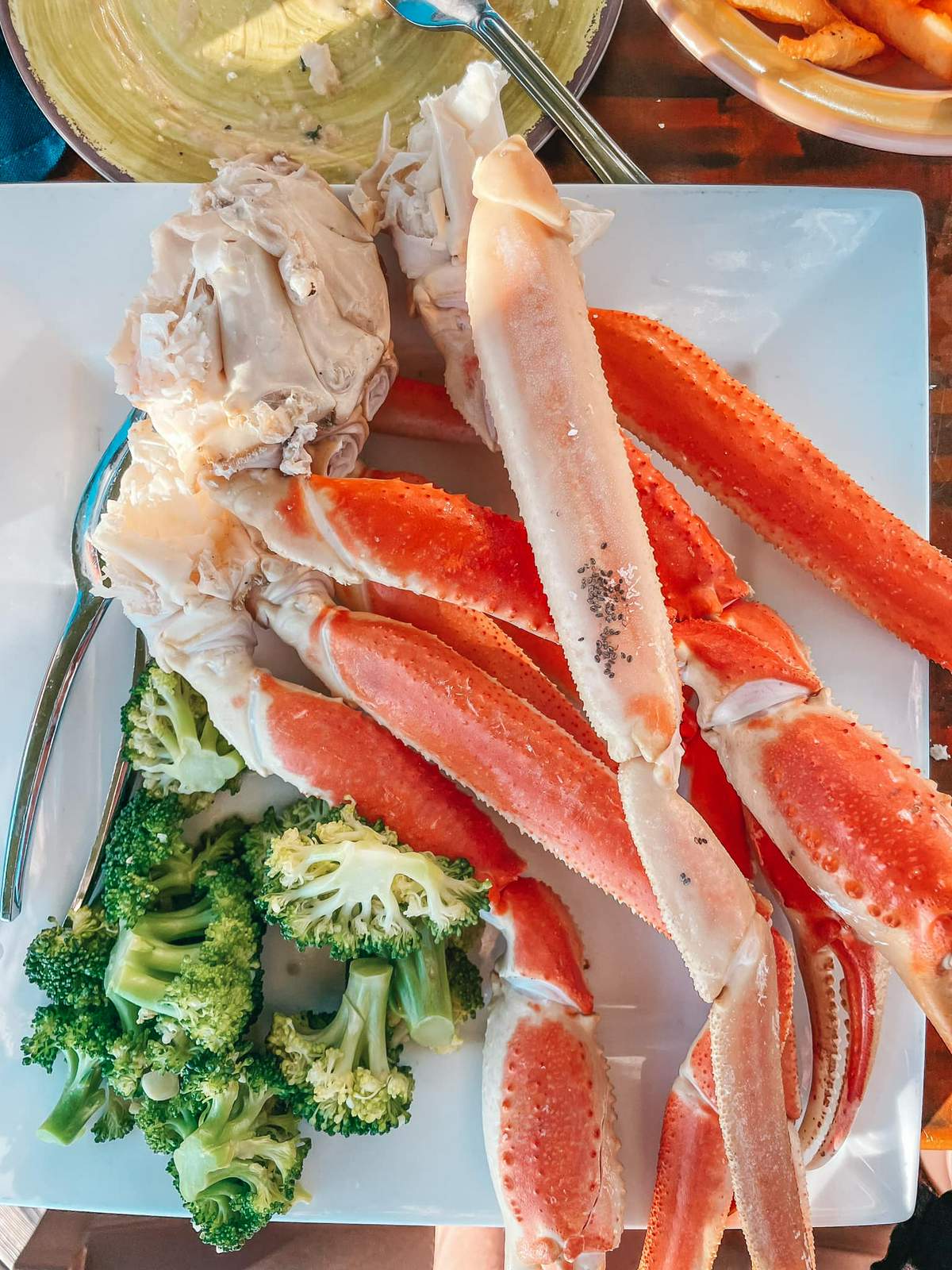 Alaskan snow crab legs and broccoli from Jimmy's Fish House on Clearwater Beach