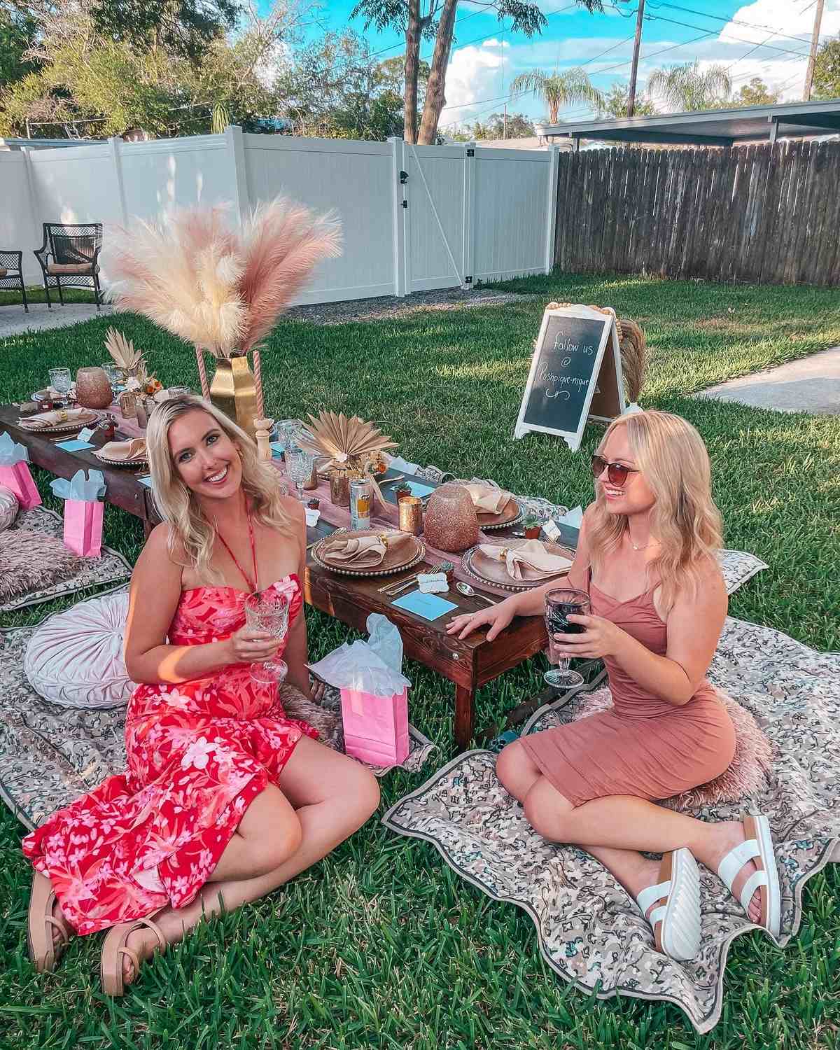 friends toasting at a backyard picnic setup in st pete florida