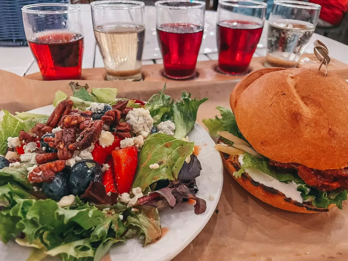 Salad, sandwich, and wine flight from Keel and Curley winery in Tampa Bay