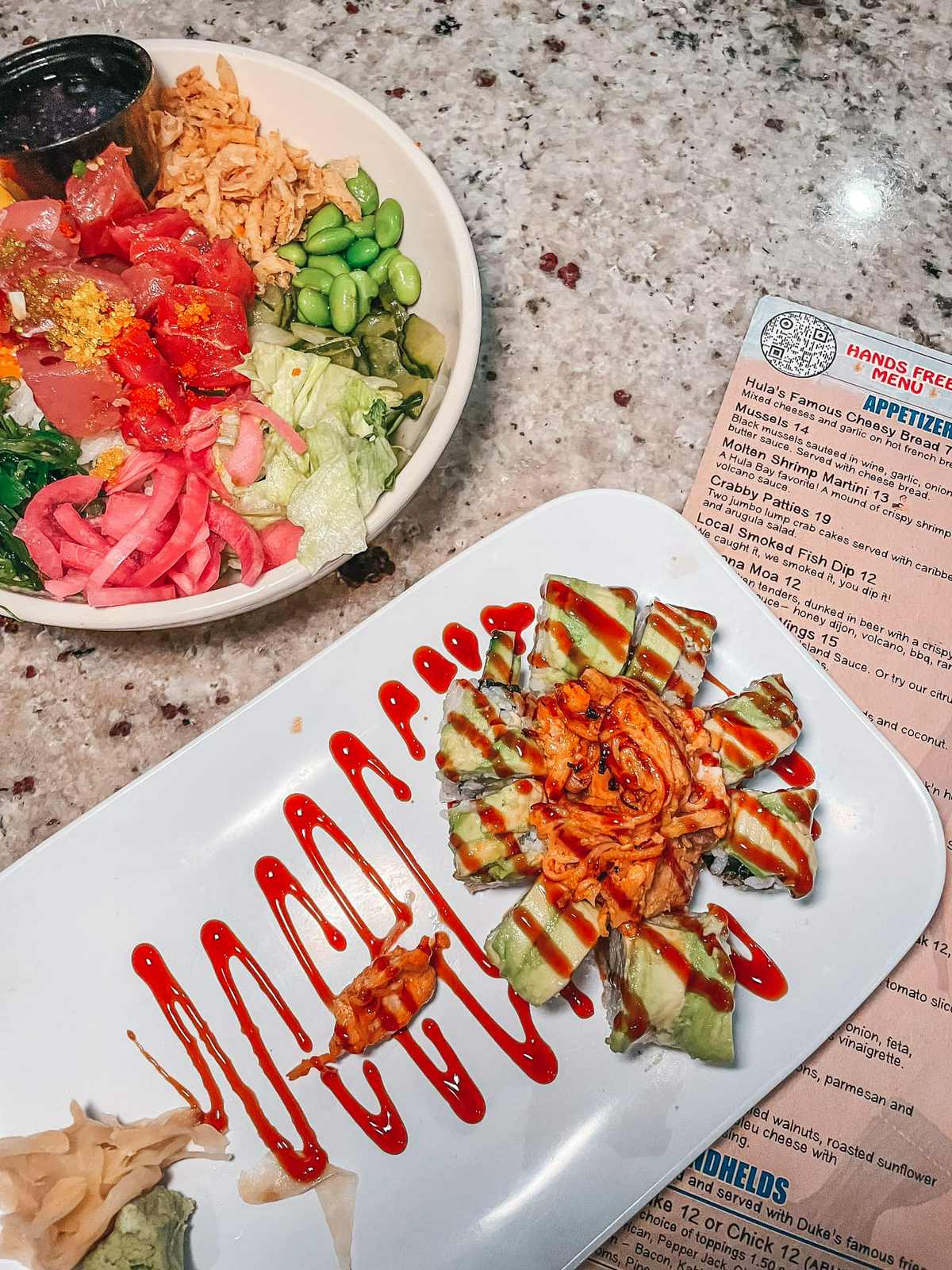 Dynamite roll and poke bowl from Hula Bay Club Tampa