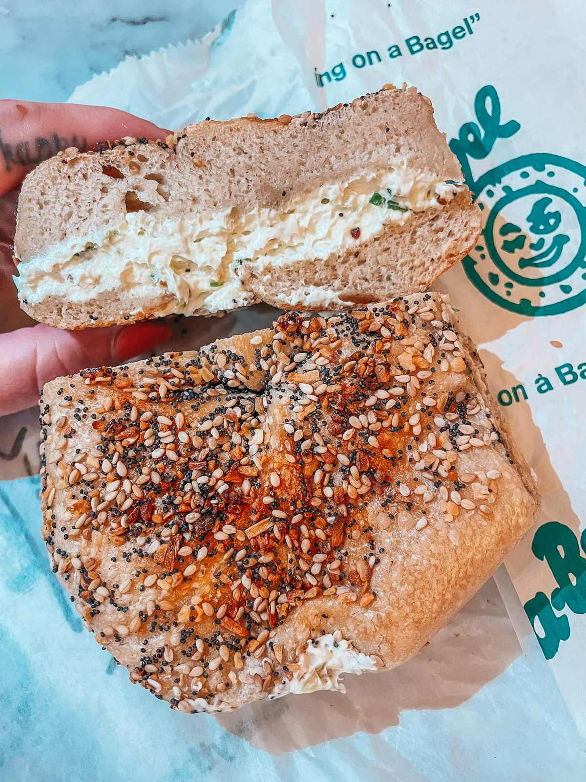 Everything bagel with scallion cream cheese from Ess-a-Bagel