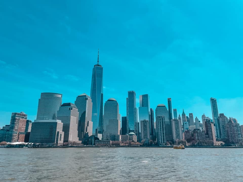 View of the New York City skyline from a ferry