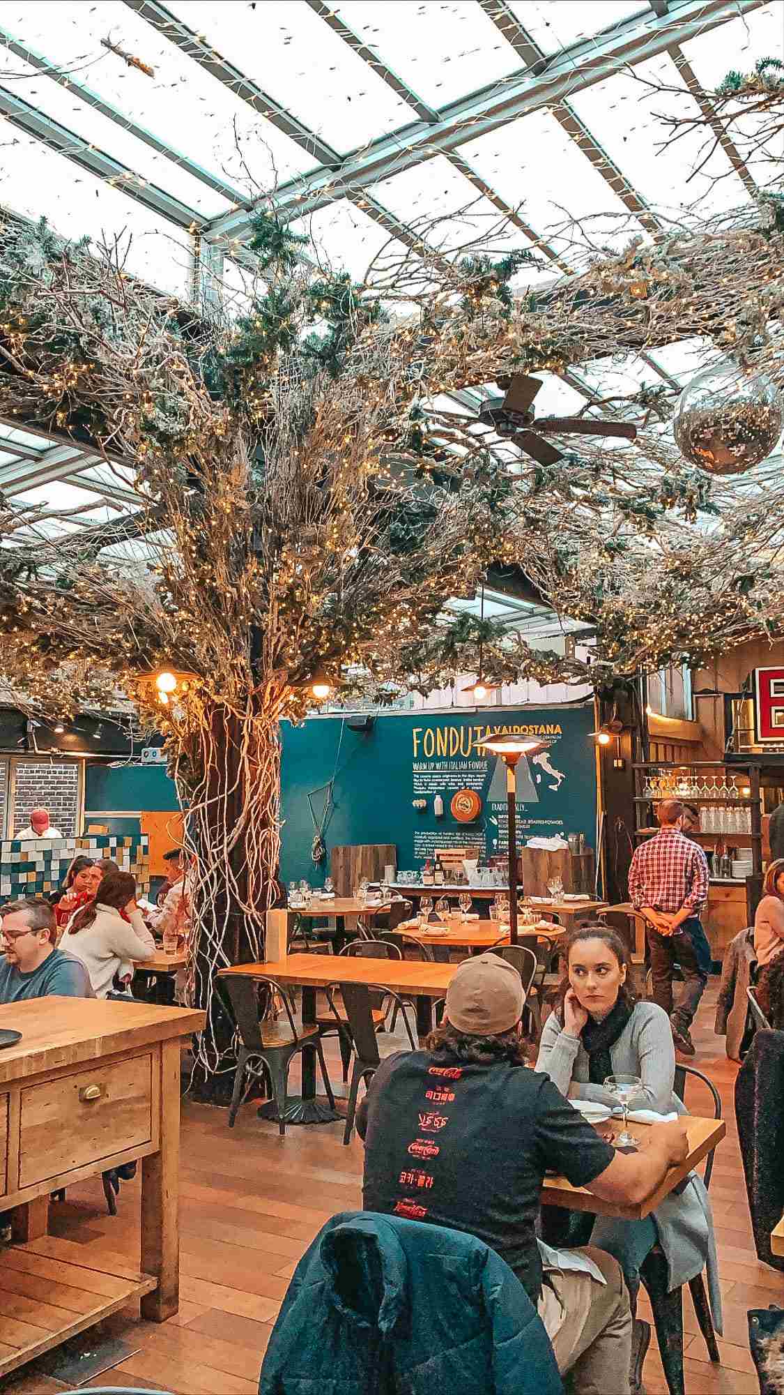 serra by bierra rooftop bar decorated like a winter wonderland in New York City