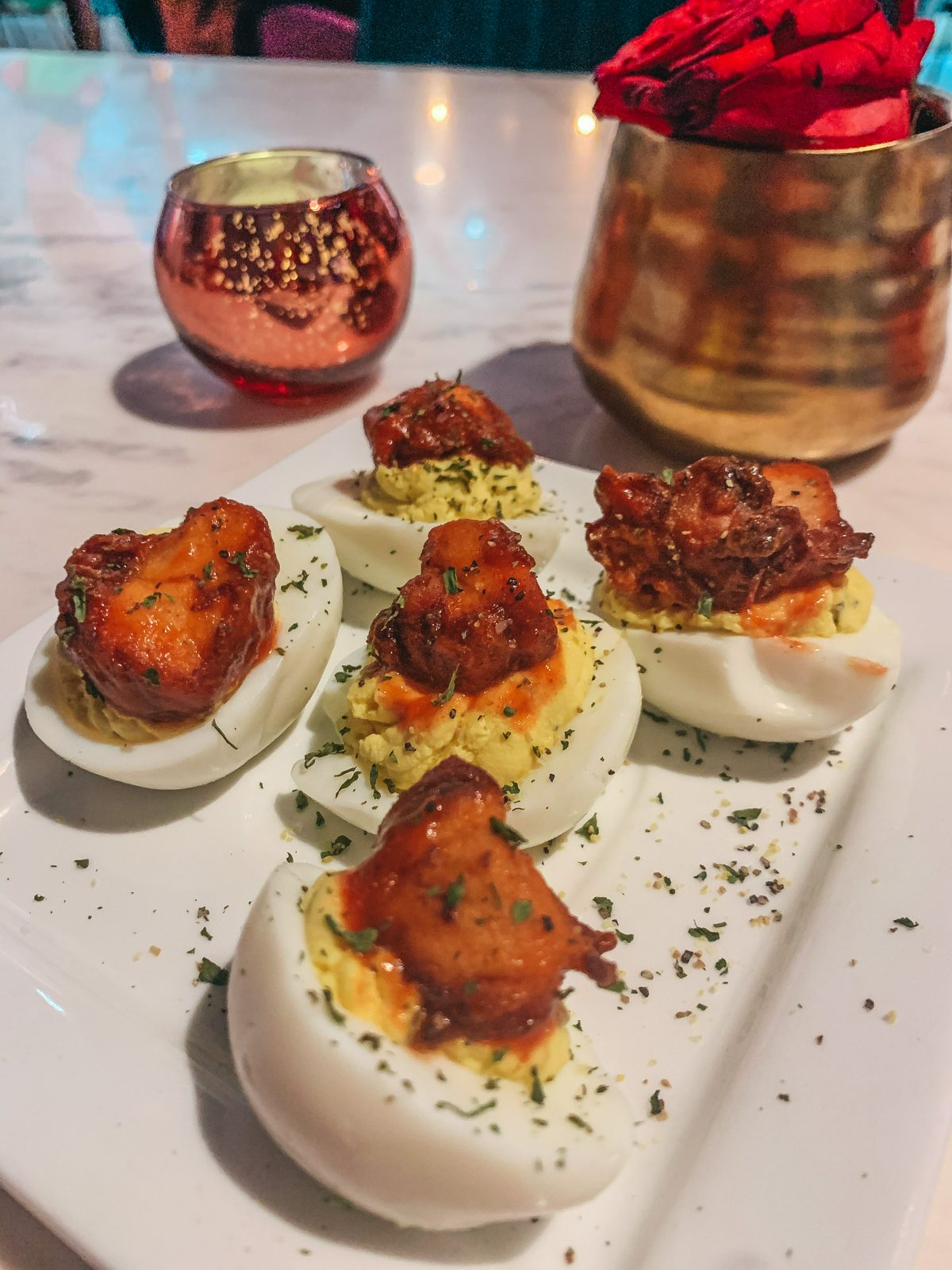 deviled eggs with fried chicken from 7th + Grove