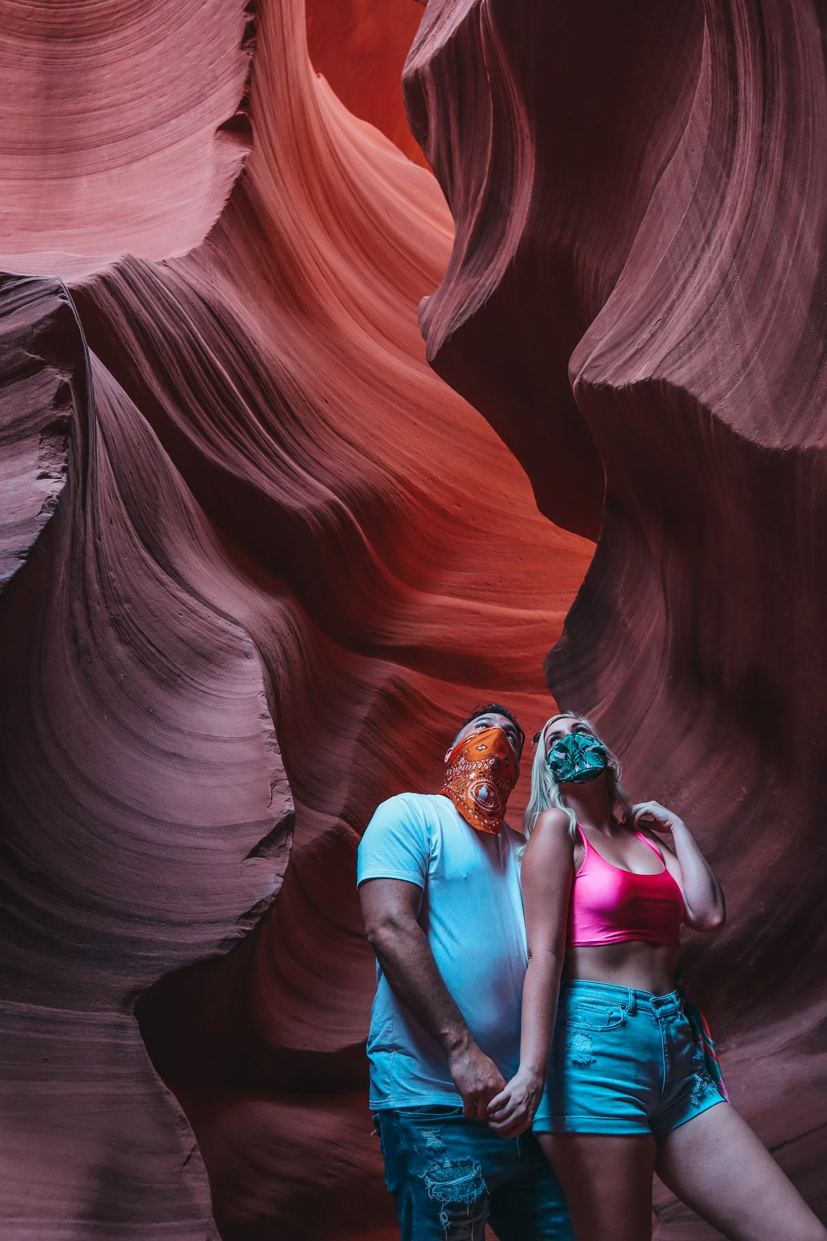 Couple enjoying lower Antelope Canyon in Arizona