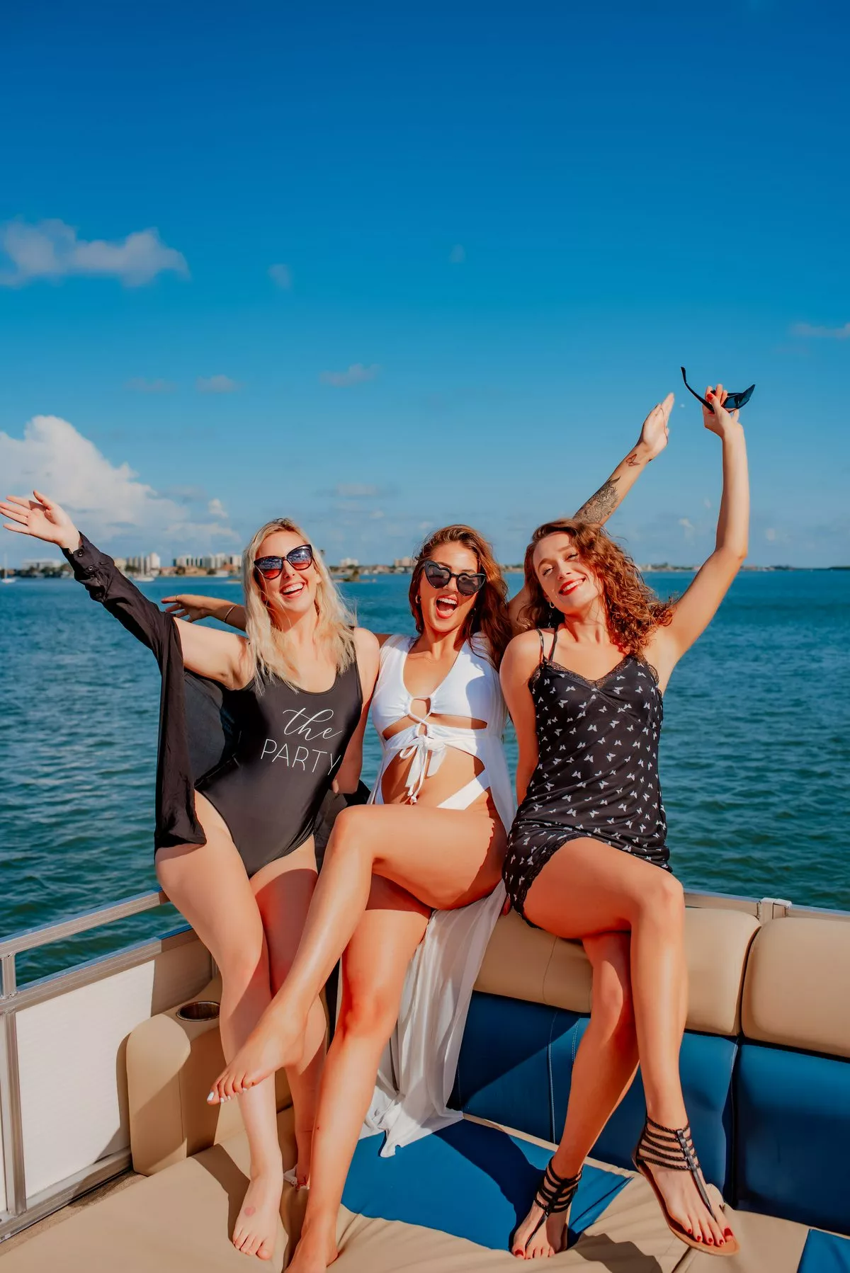 Smiling for bachelorette party boat day in Clearwater Beach