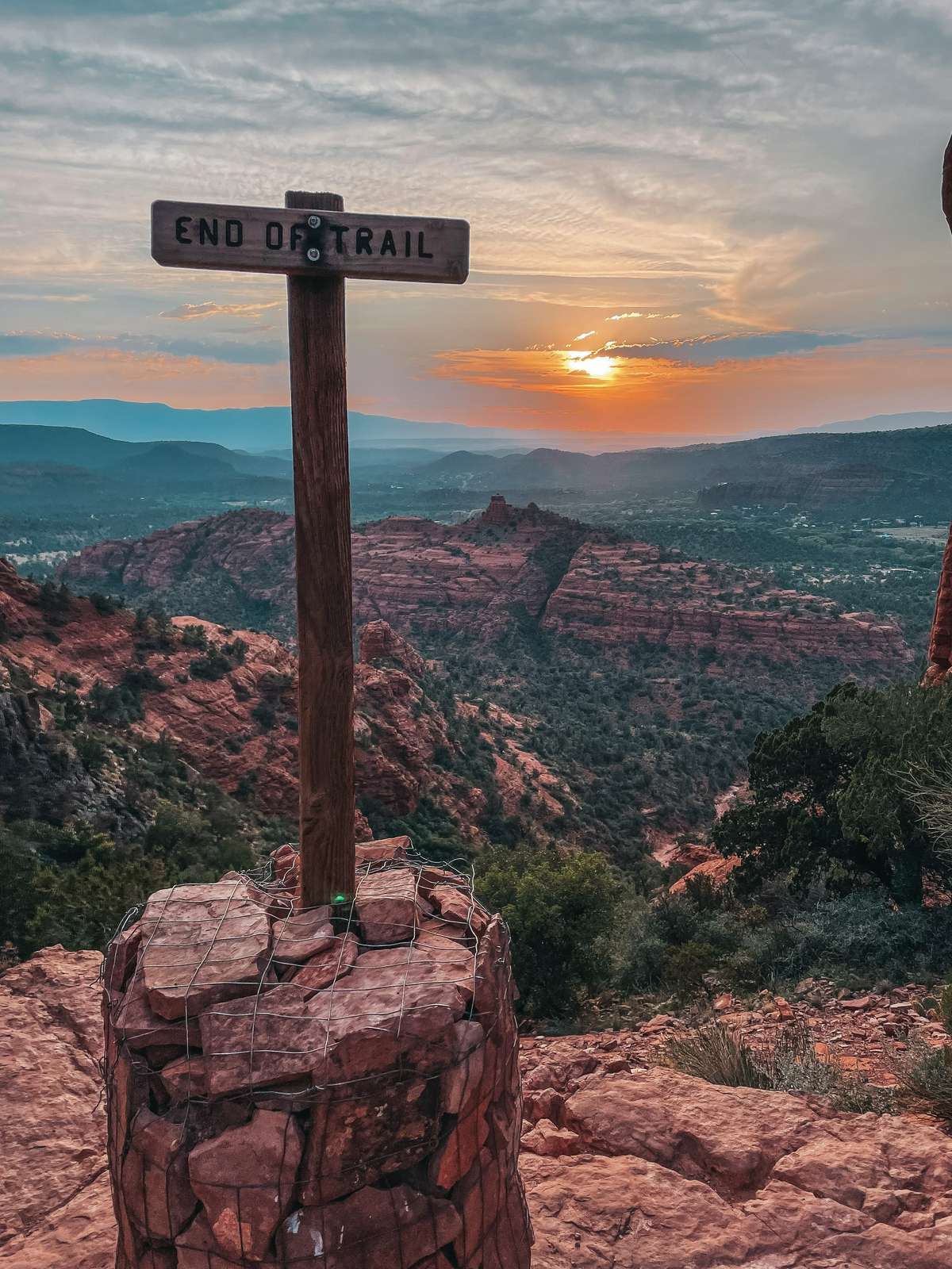 End of Trail sign at the top of Cathedral Rock hike in Sedona Arizona