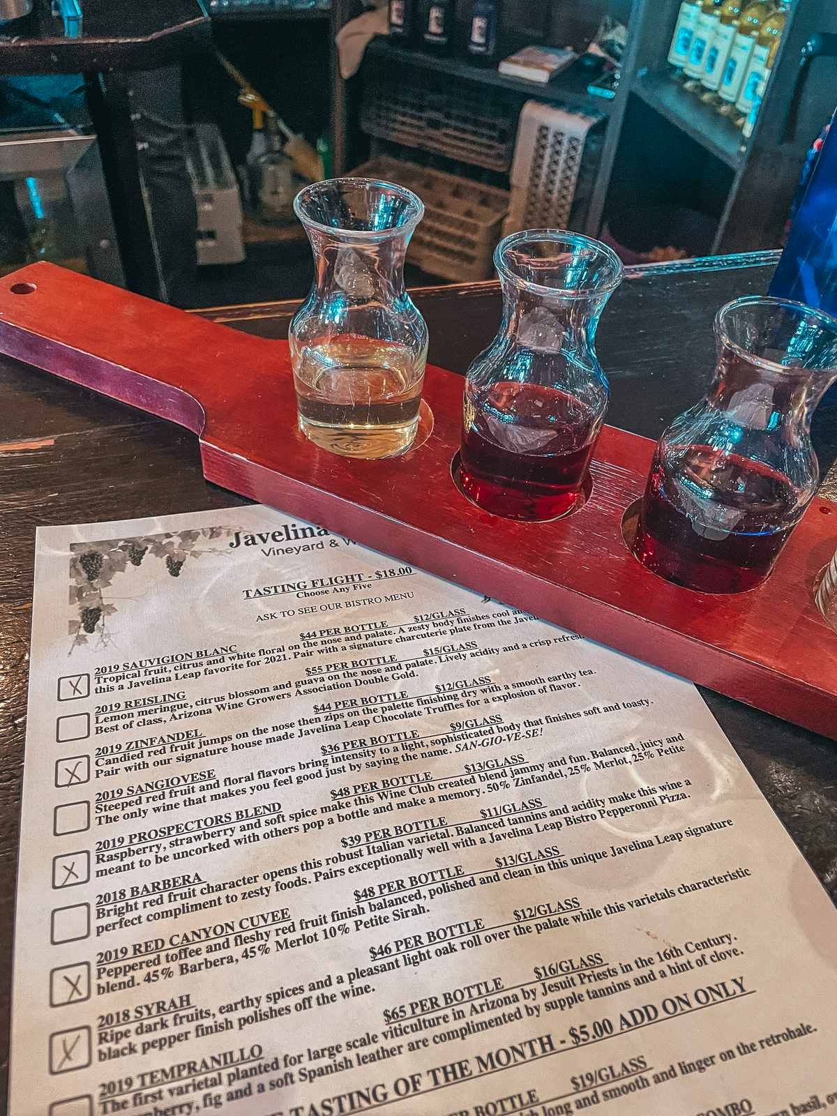 Wine flight from Javelina Winery near Sedona Arizona