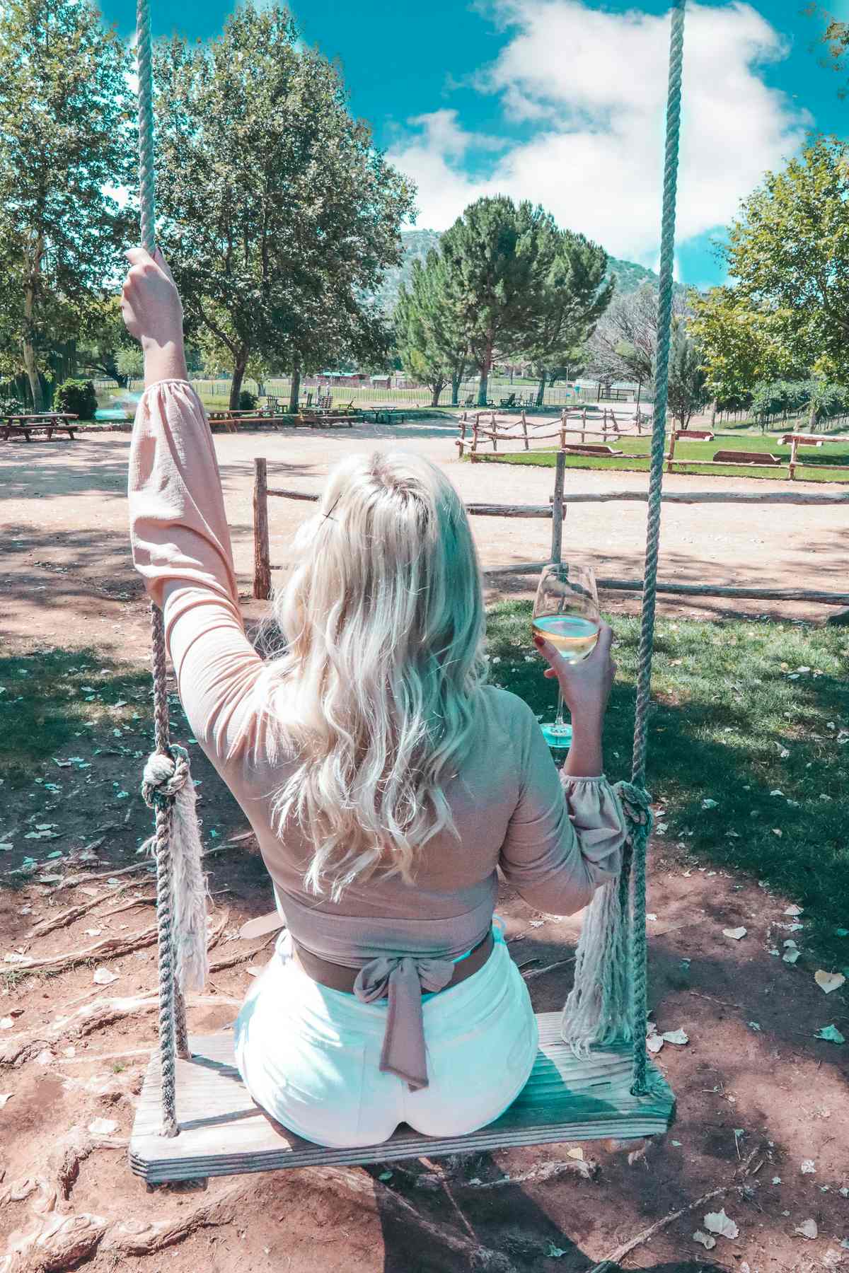 Woman enjoying white wine on the swing at DA Winery