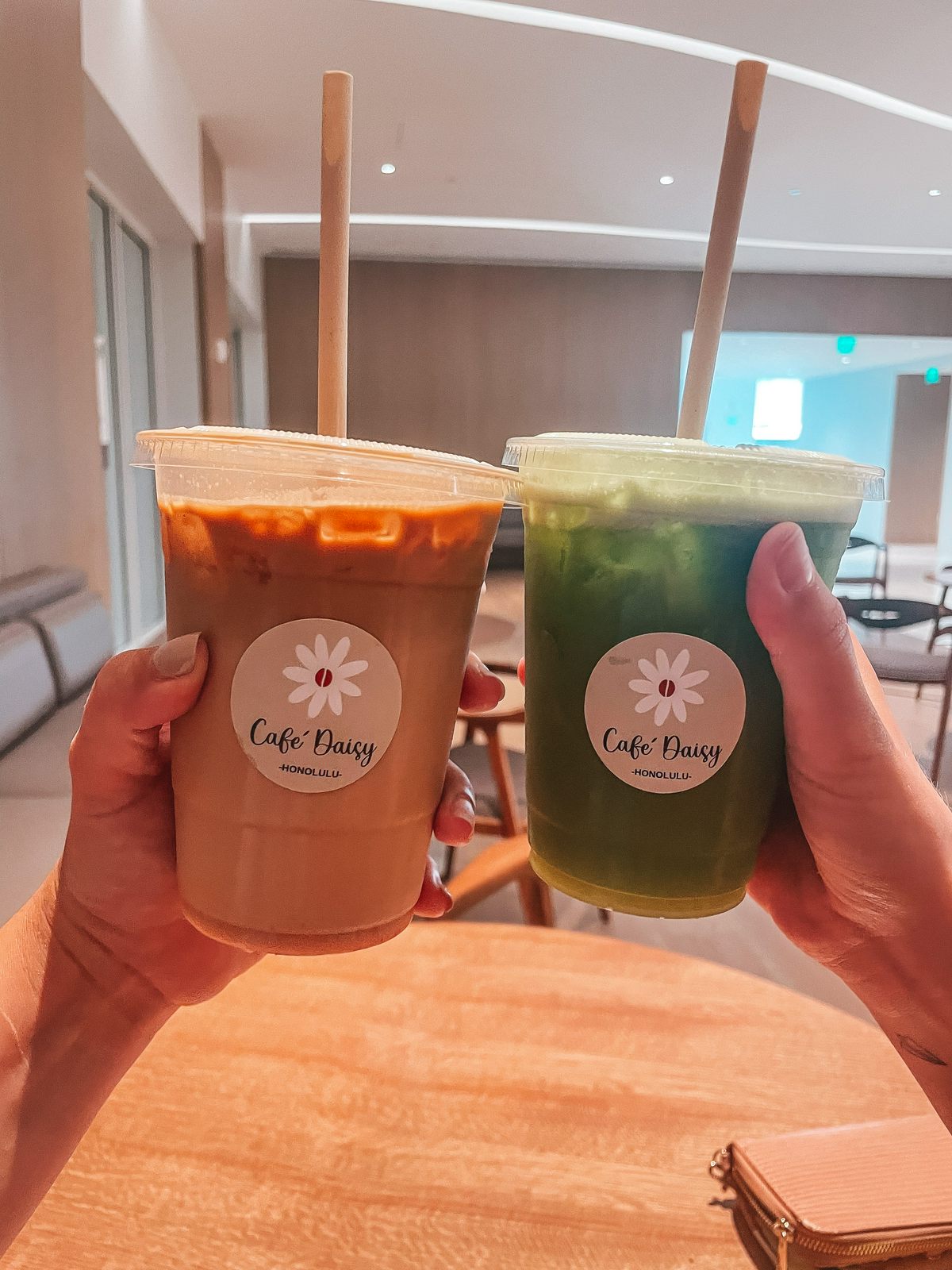 Cafe Daisy iced latte and green juice