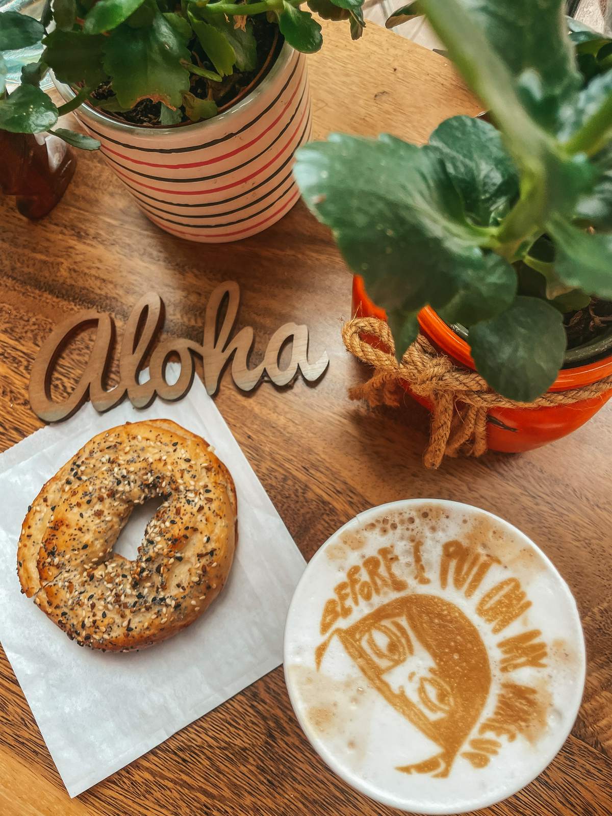 Local Joe coffee shop in Honolulu latte art and bagel