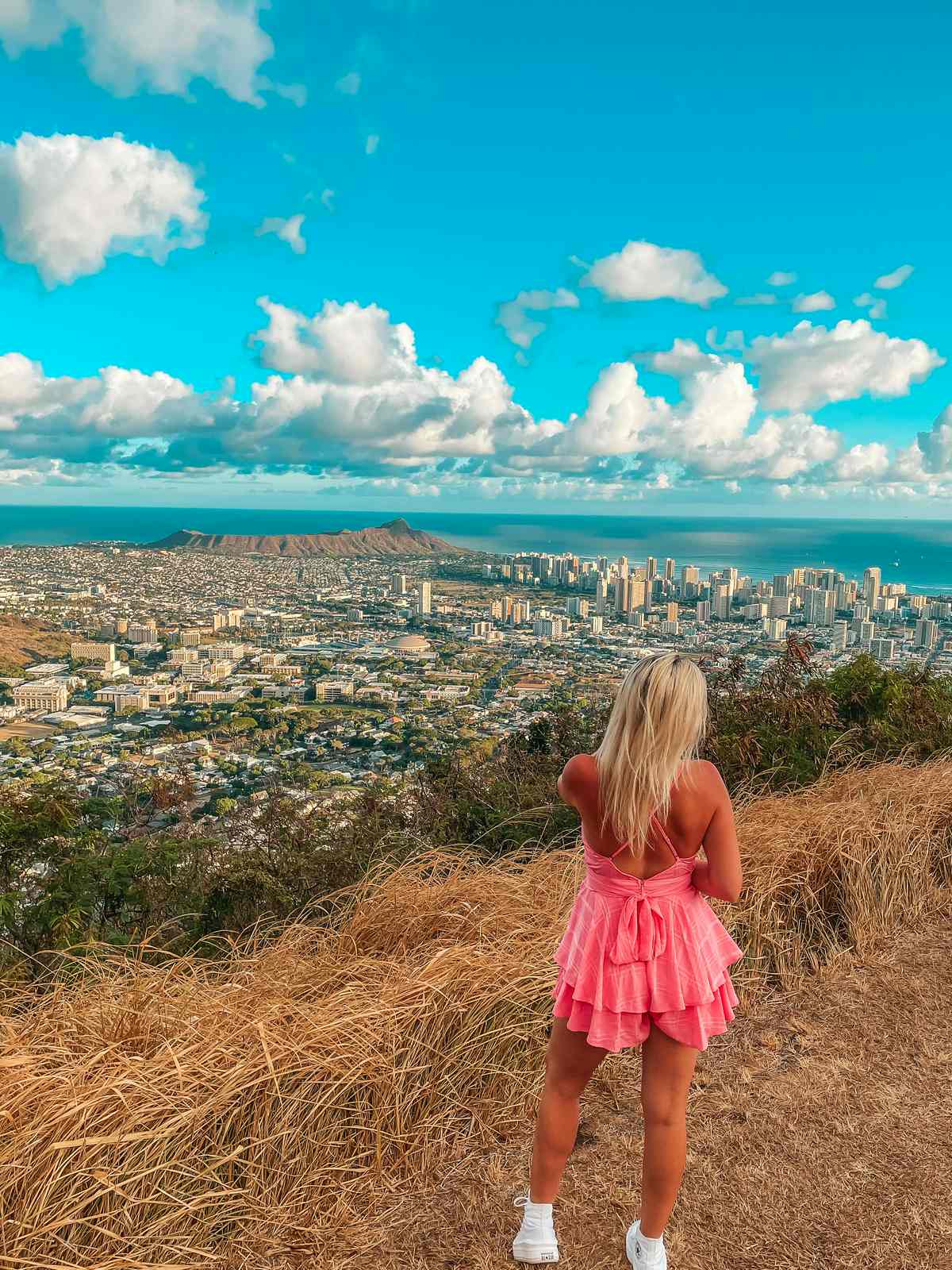 Enjoying views of Honolulu and Diamond Head from Tantalus Lookout, one of the best free things to do on Oahu