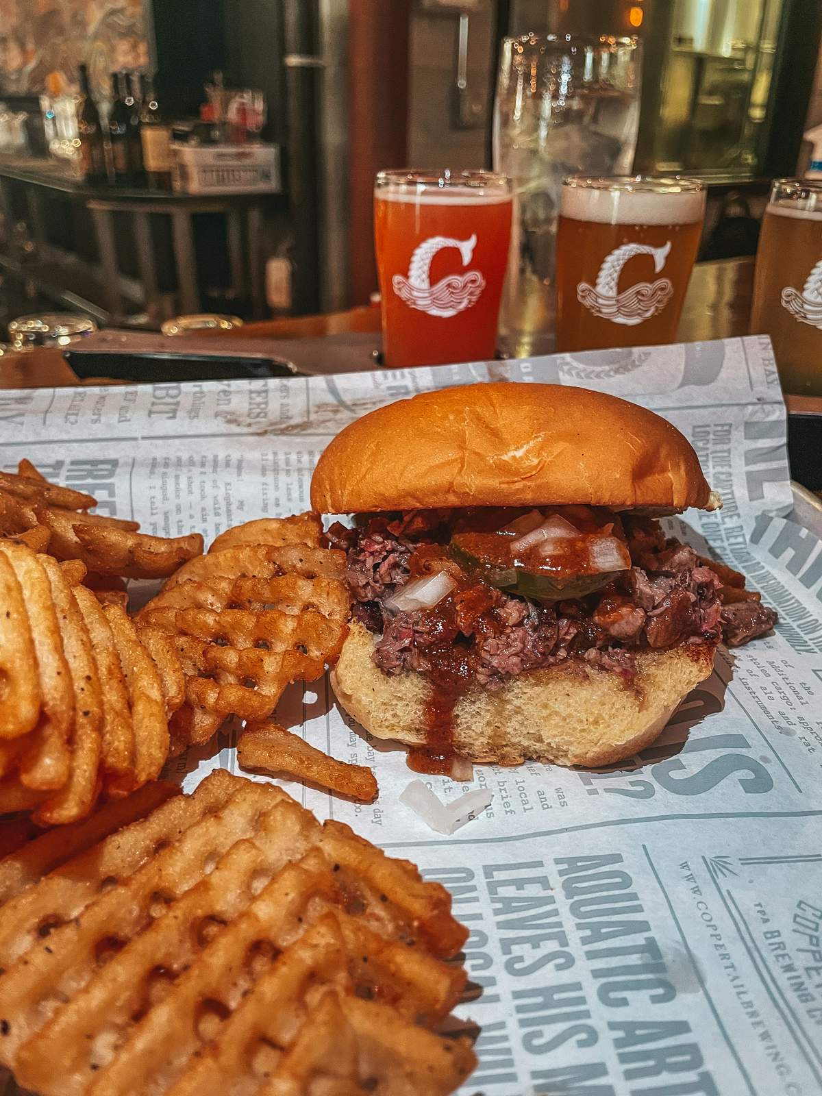 Pork sandwich and fries from Coppertail Brewery in Tampa
