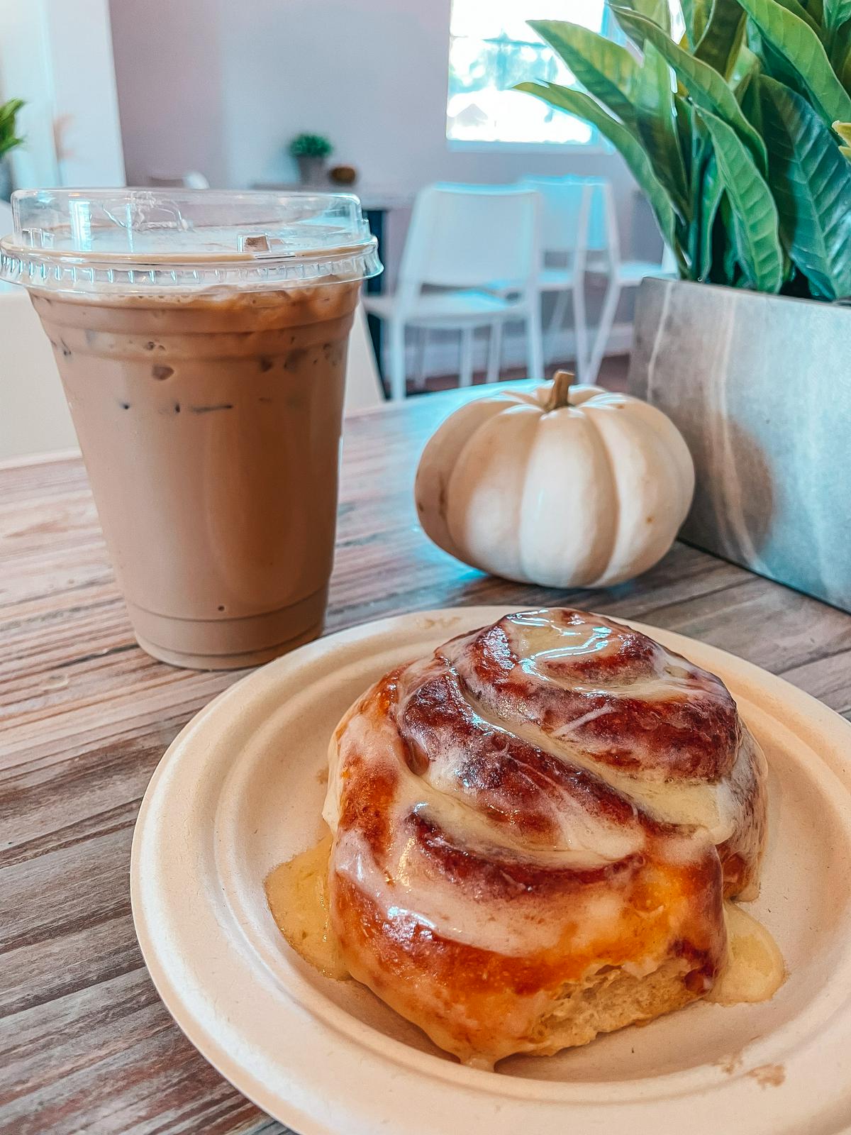 Cinnamon roll and iced latte from Lavita Bakery and Gelato in Dunedin