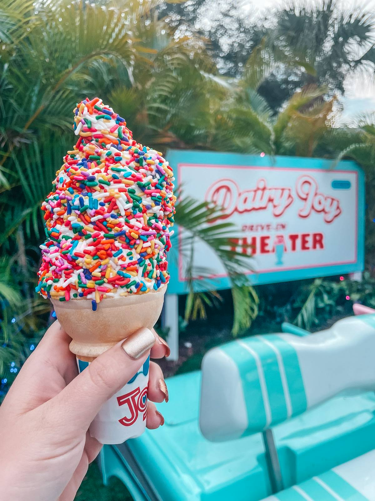 Dairy Joy vanilla ice cream cone with sprinkles