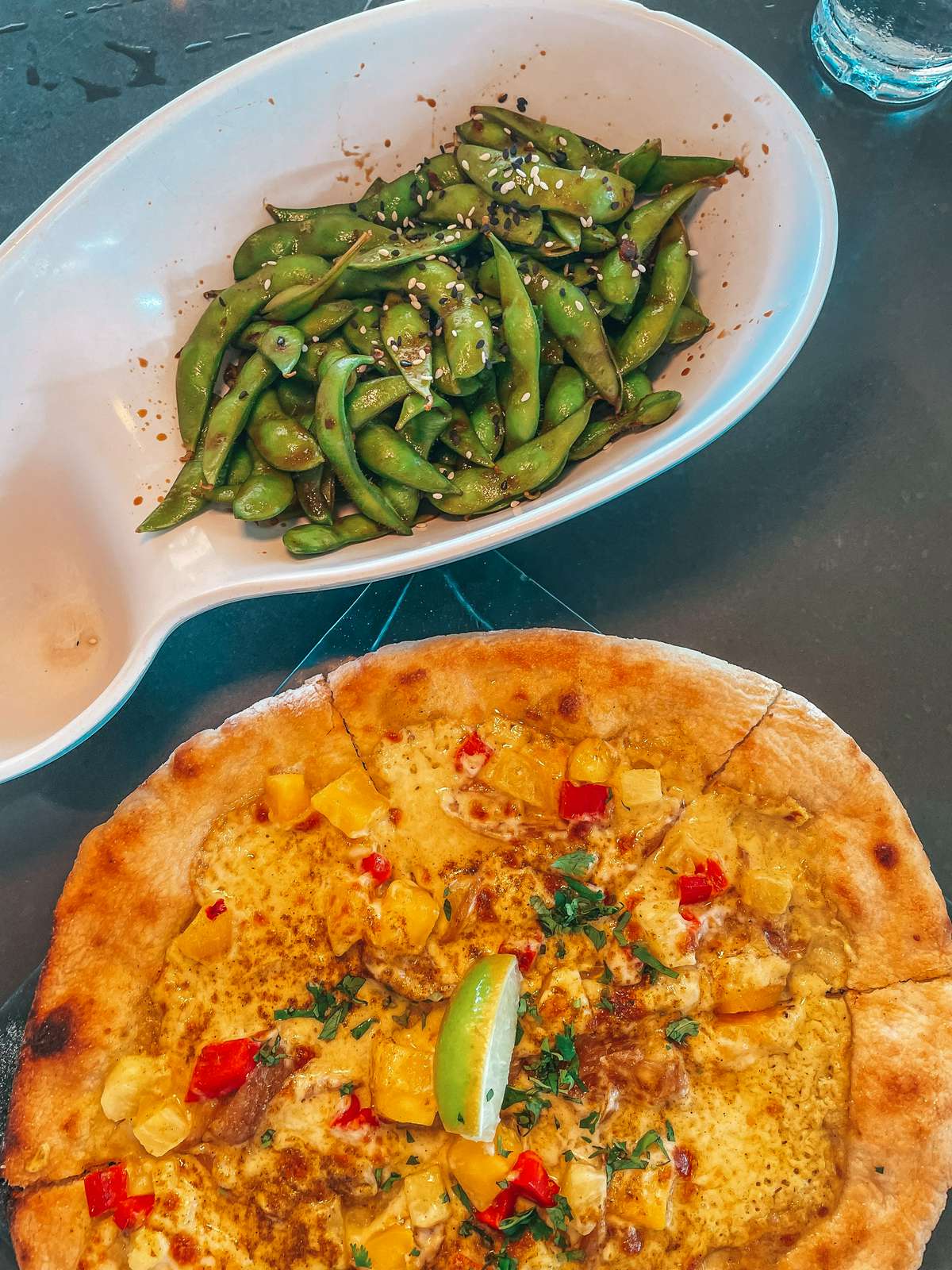 Flatbread and edamame from Lava Lava Beach Club in Kauai