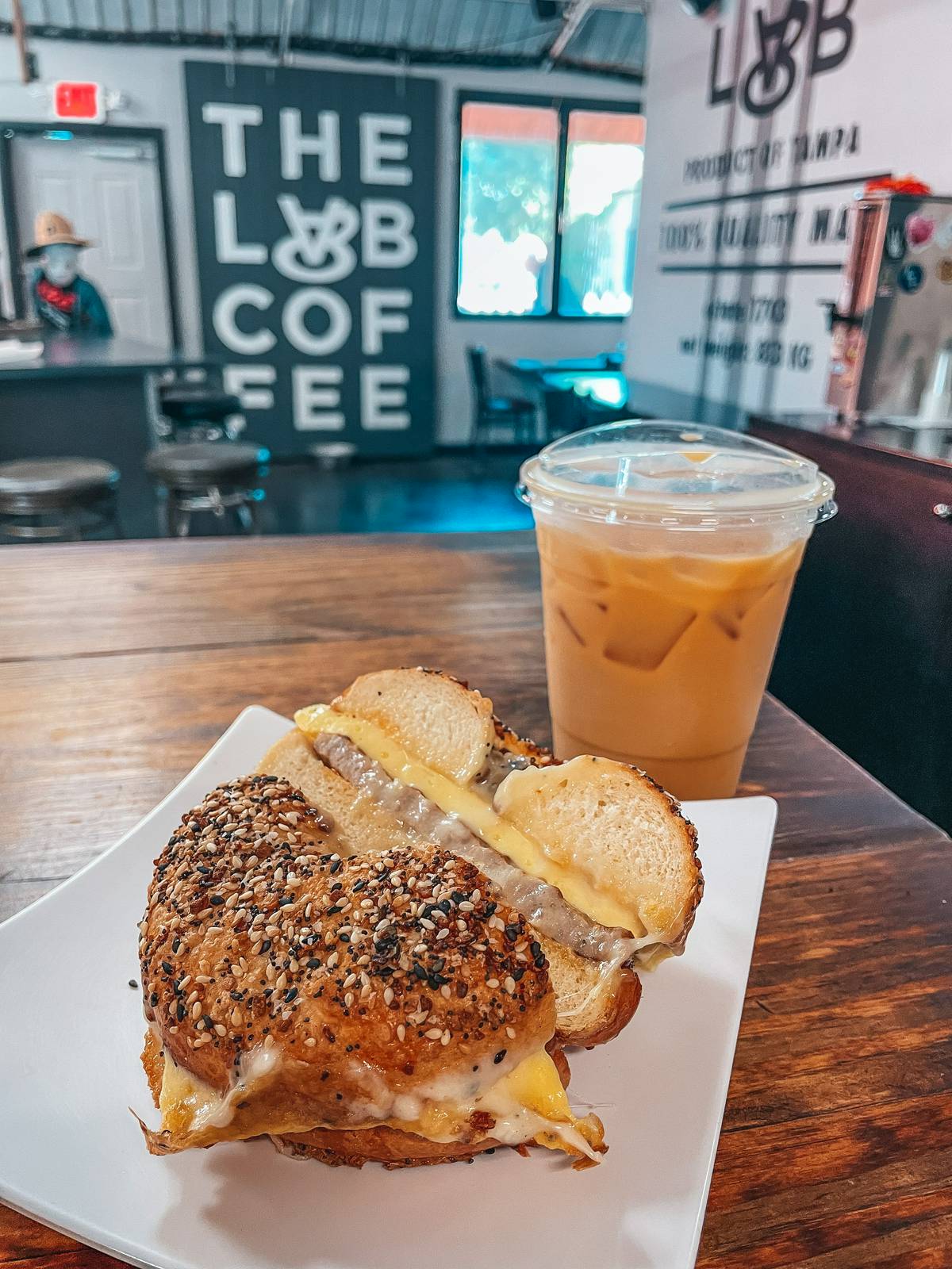Breakfast bagel and cold brew from The Lab Tampa coffee shop