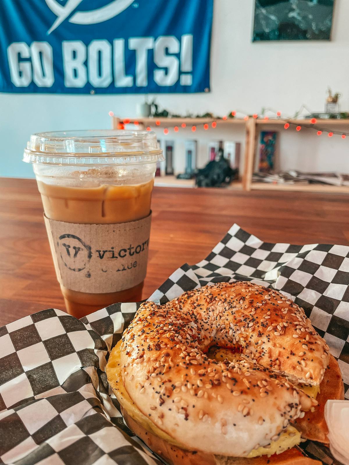 Breakfast bagel and cold brew from Victory Coffee in Tampa