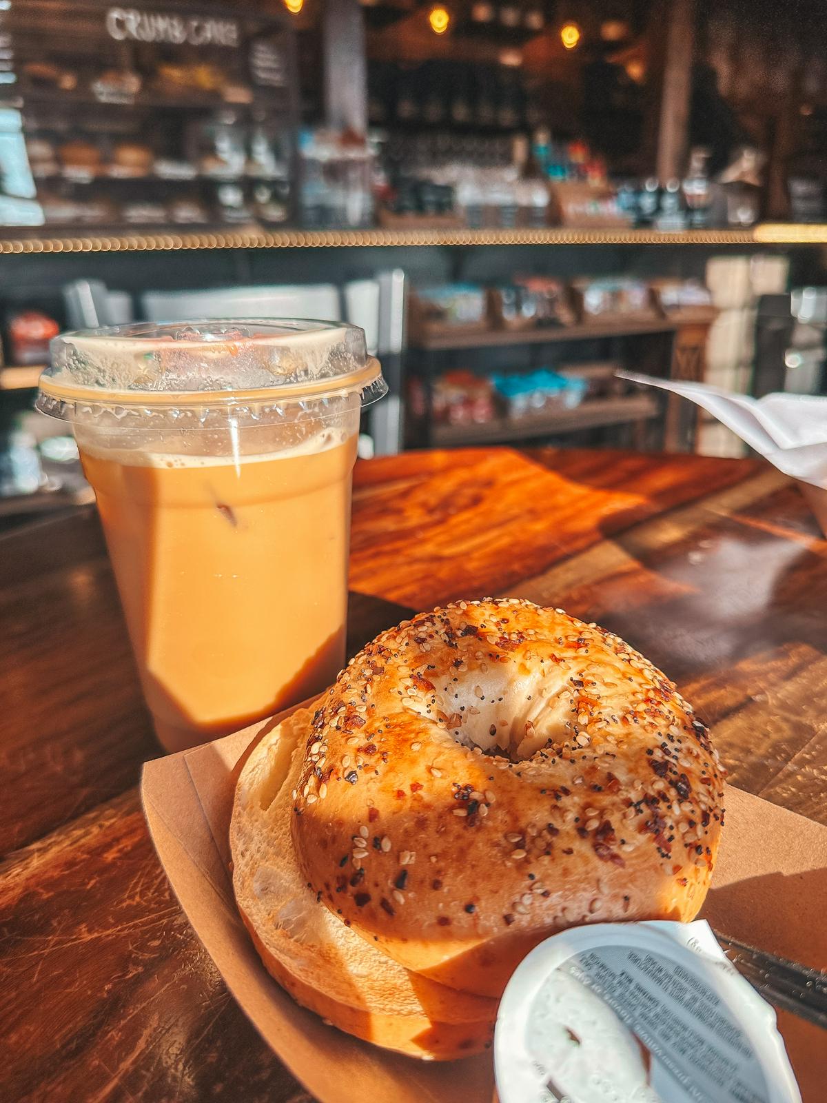 Cold brew and everything bagel from City Perks Coffee Shop in St. Augustine