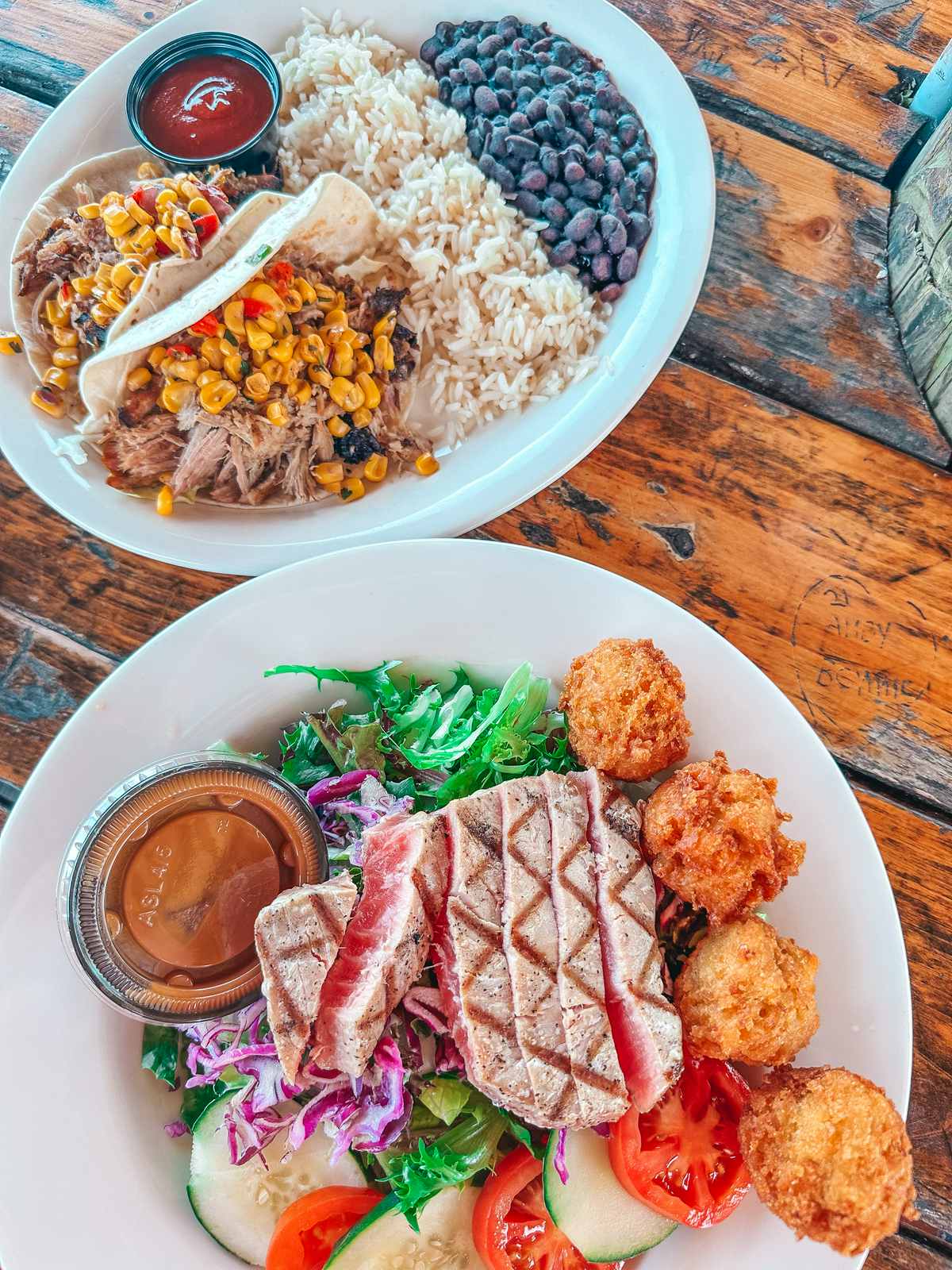 Ahi tuna salad and pork tacos from Conch House in St. Augustine