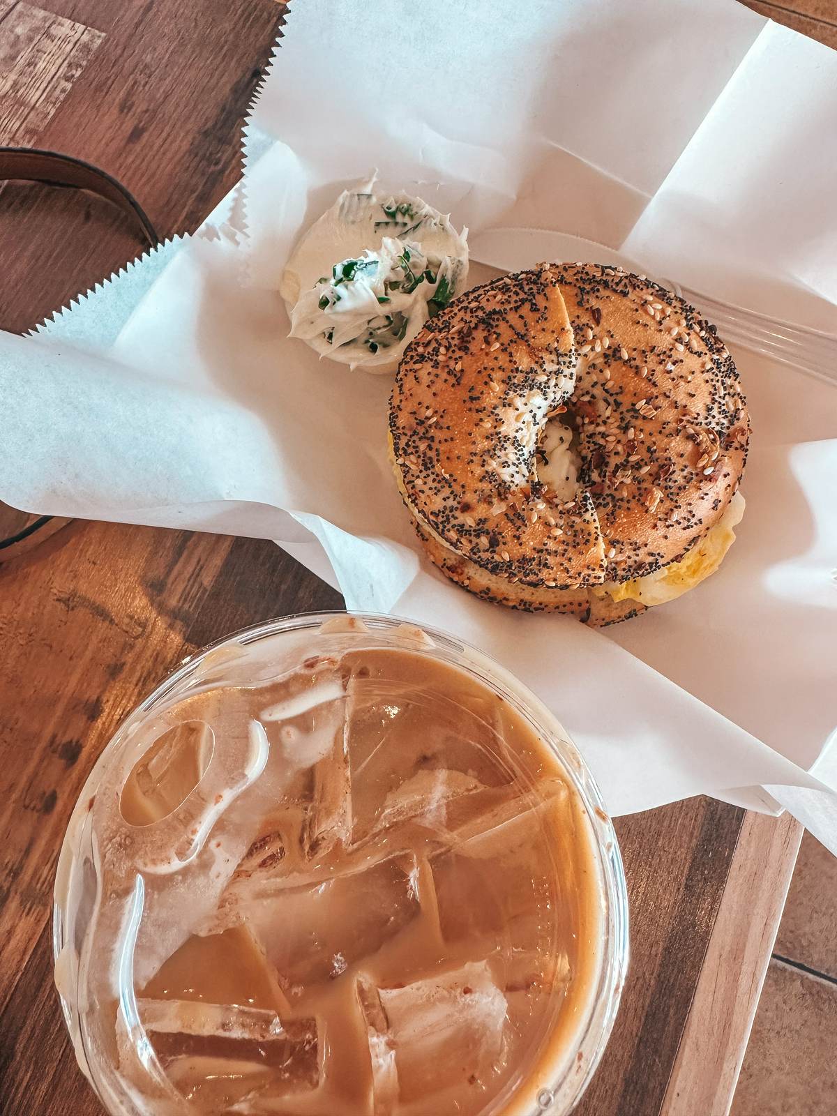 Coffee and bagel breakfast sandwich from Sweetwater Coffee Bar