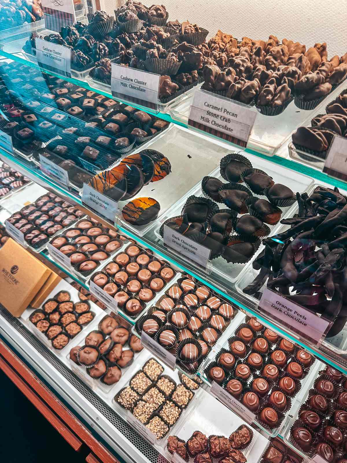 chocolates display in Whetstone Chocolate Factory when you spend a Weekend in St. Augustine