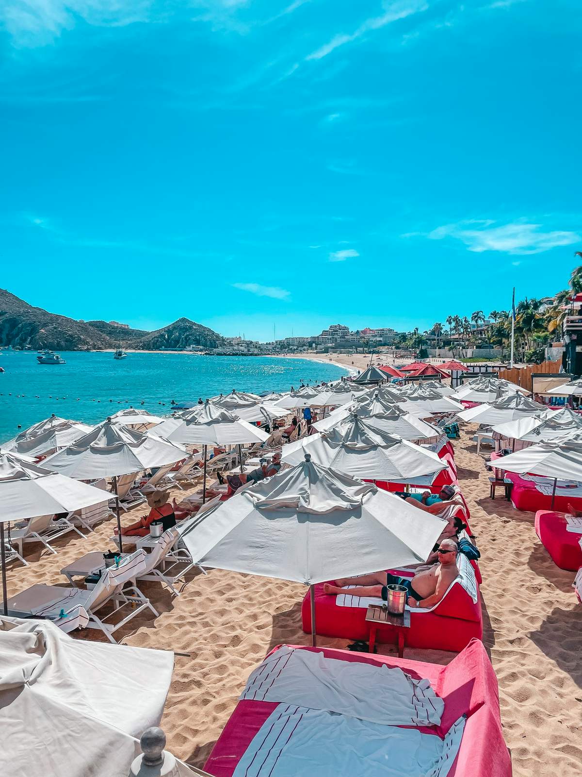 tents and people in Medano Beach in Cabo in December