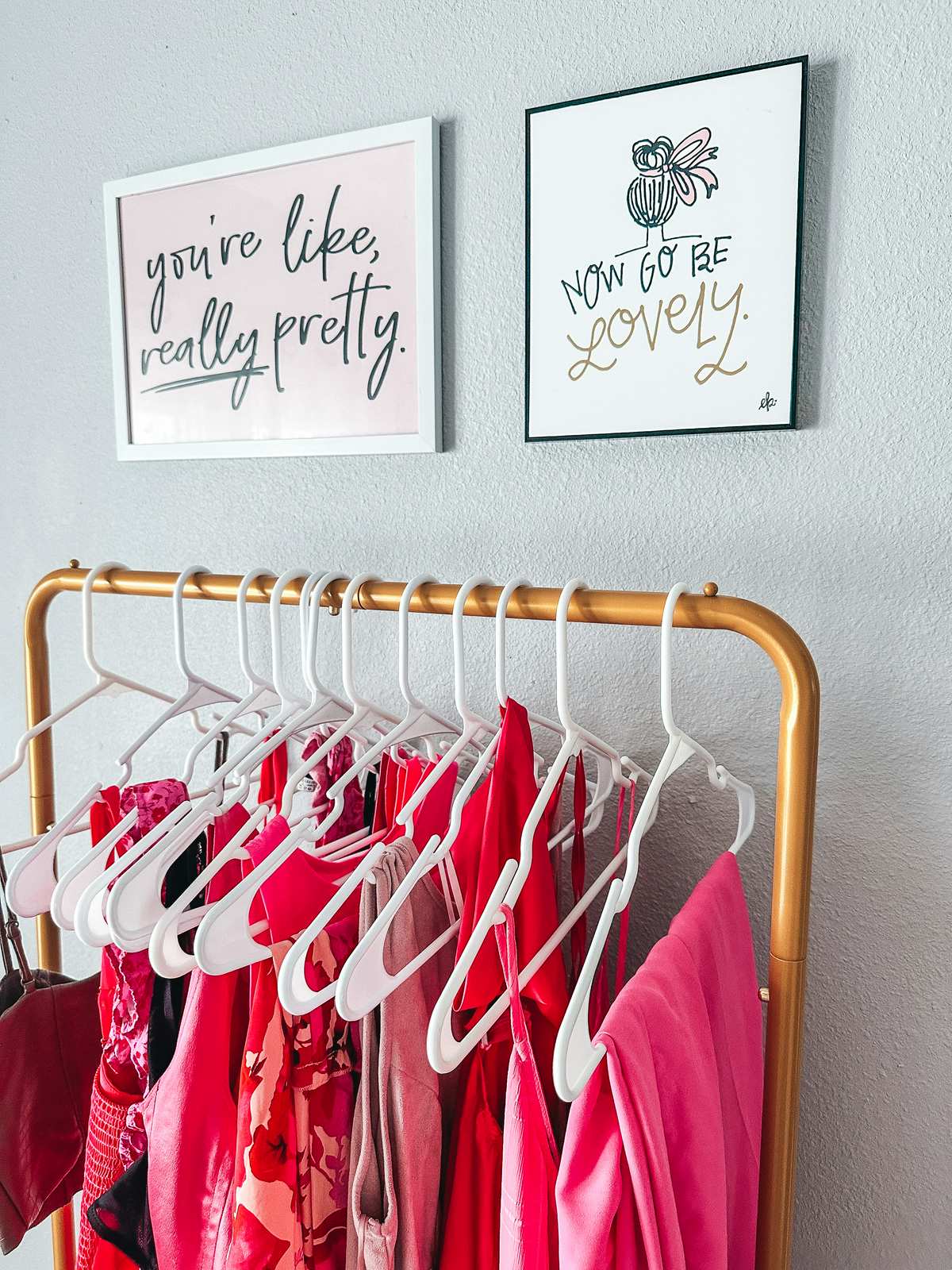 pink clothes hanging on a gold rack 