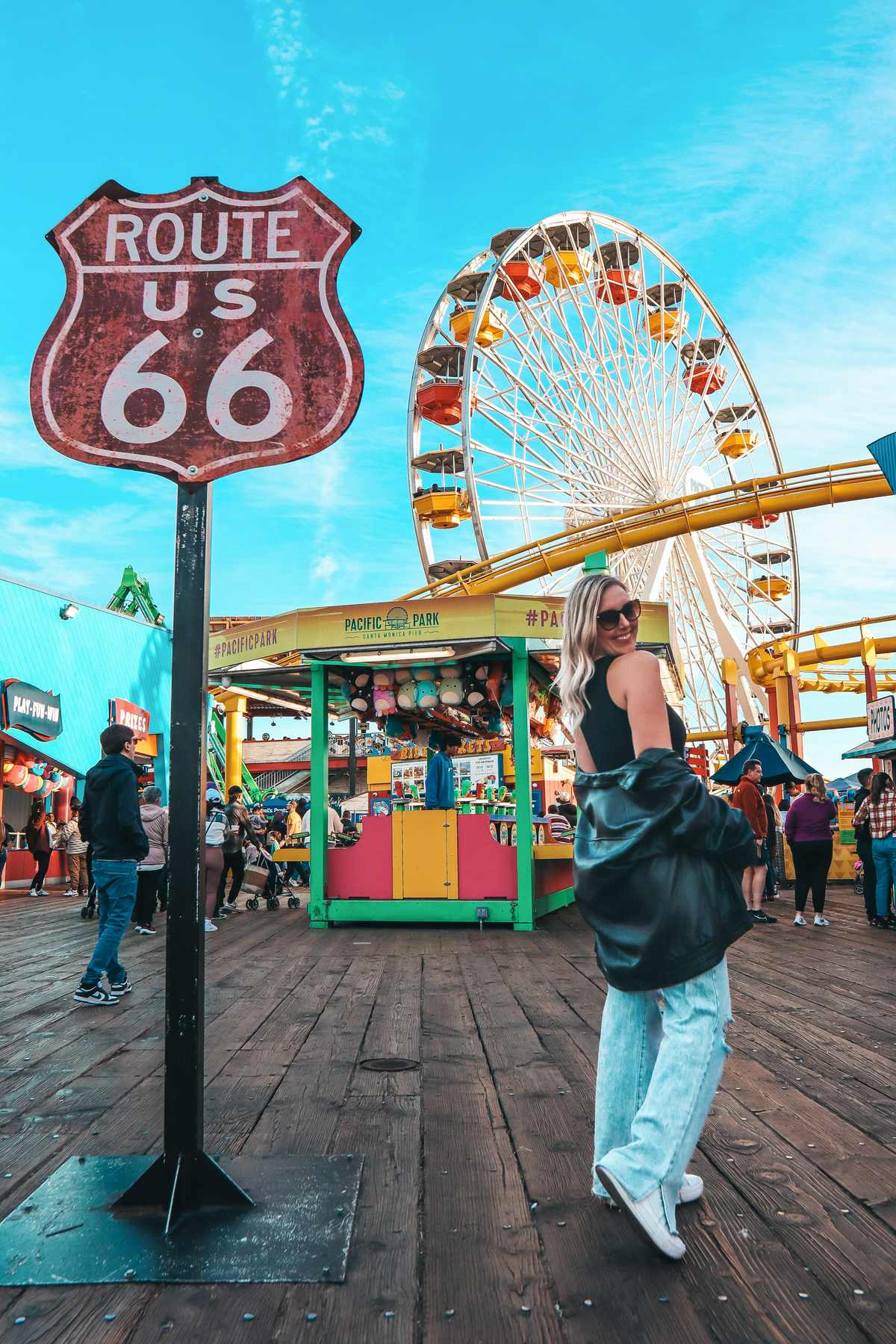 Route 66 sign at the Santa Monica Pier in Los Angeles