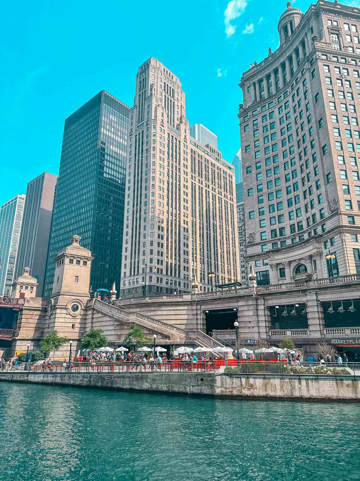 View of the Chicago Riverwalk from boat tour