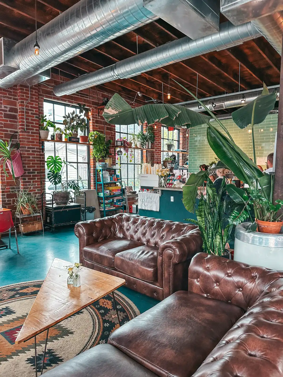 Beautiful space full of plants and leather couches at Ravellos in Columbus Ohio