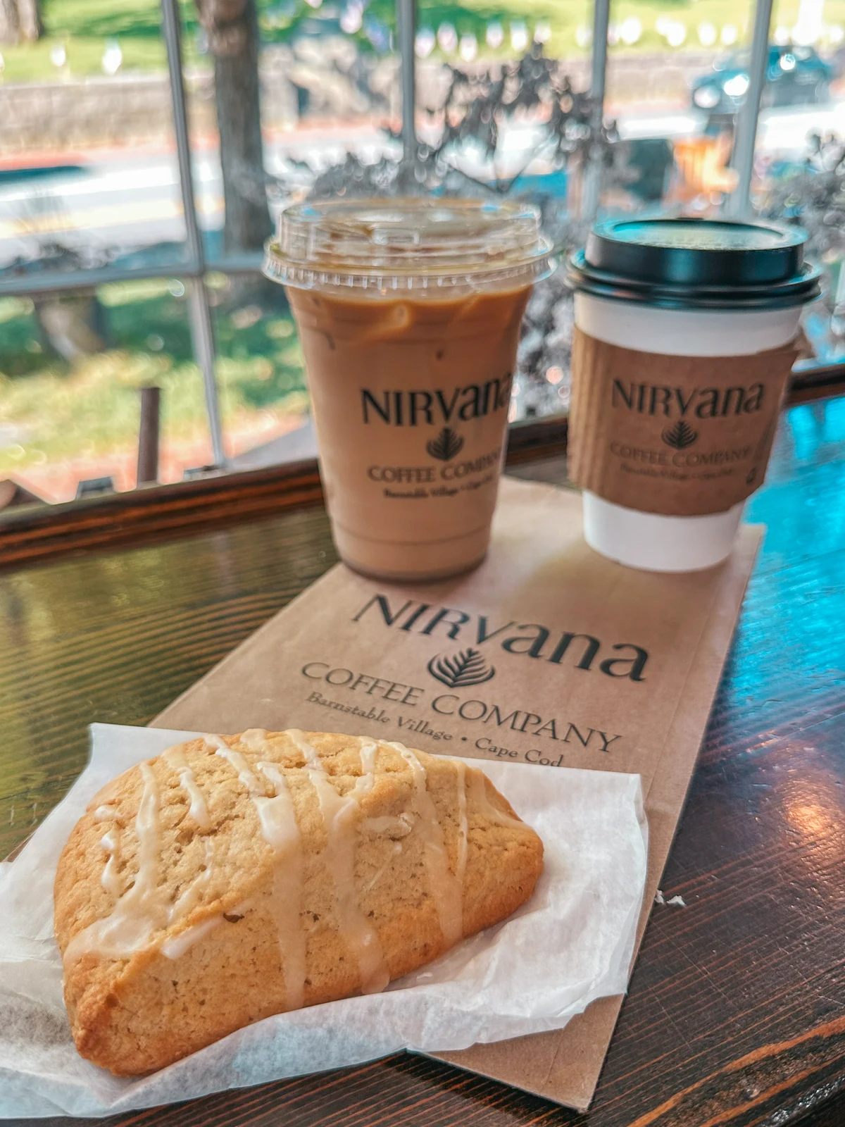 Coffees and lemon scone from Nirvana Coffee Company on Cape Cod