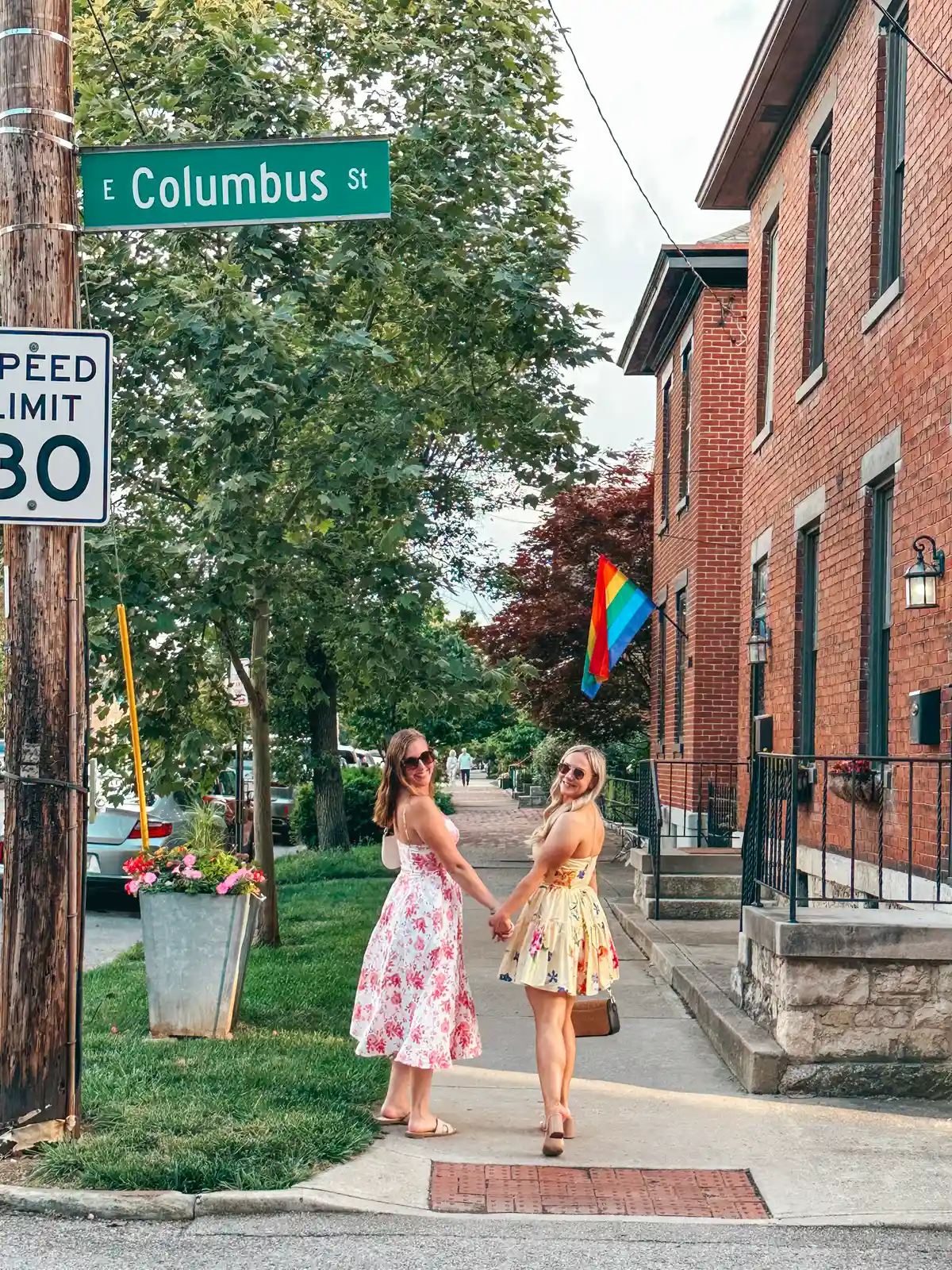 Friends walking near Columbus Street in German Village in Columbus Ohio