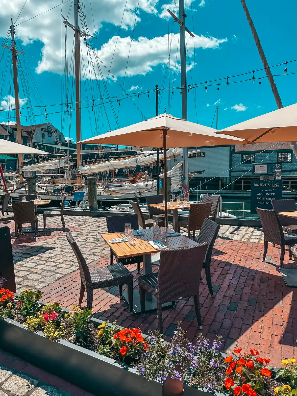 Patio seating on Bowens Wharf in Newport Rhode Island