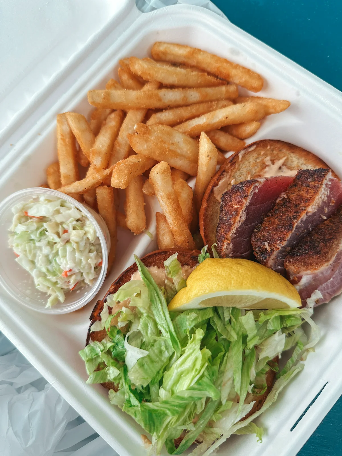 Tuna sandwich and fries from Chatham Pier Fish Market on Cape Cod