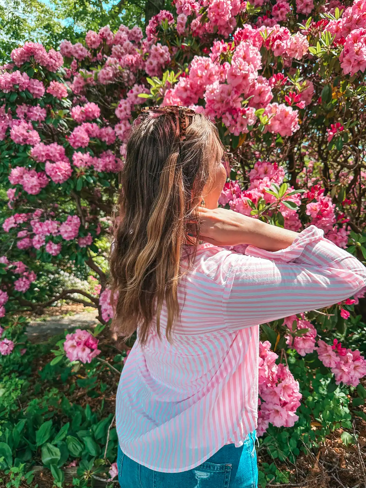 Woman surrounded by pink flowers at Heritage Museums & Gardens on Cape Cod