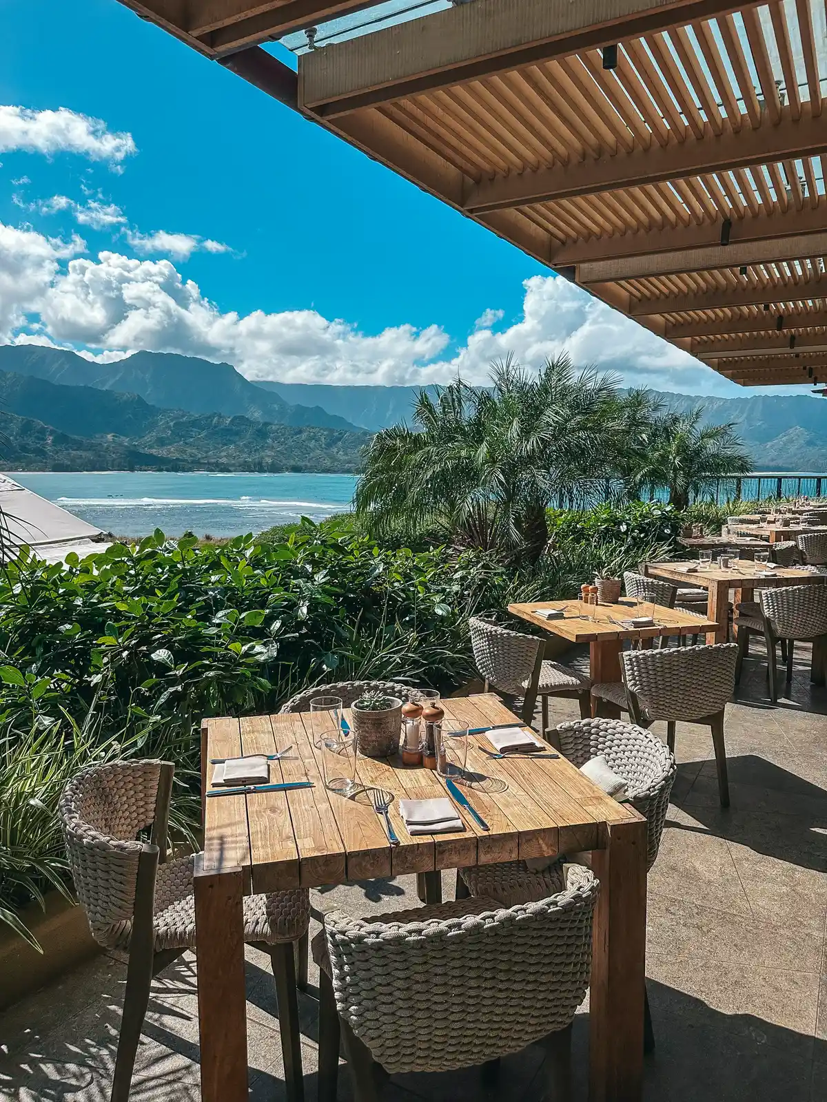 Outdoor dining area at 1 Hotel Hanalei Bay on Kauai