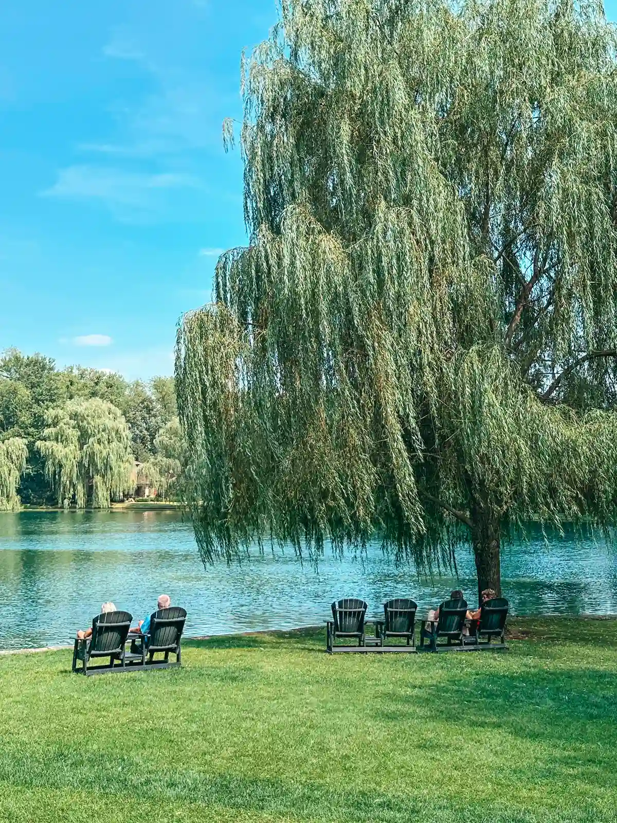 Seating by pond at Gervasi Vineyard in Canton Ohio
