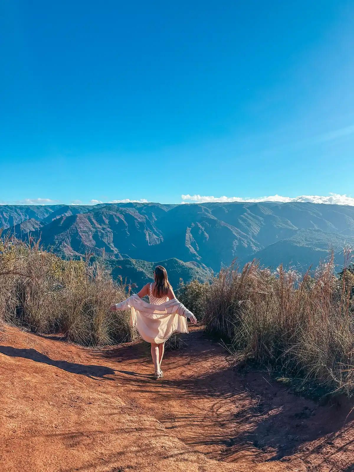 Woman posing at lookout in Waimea Canyon State Park on Kauai